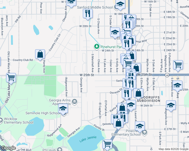 map of restaurants, bars, coffee shops, grocery stores, and more near 1109 County Road 46A in Sanford