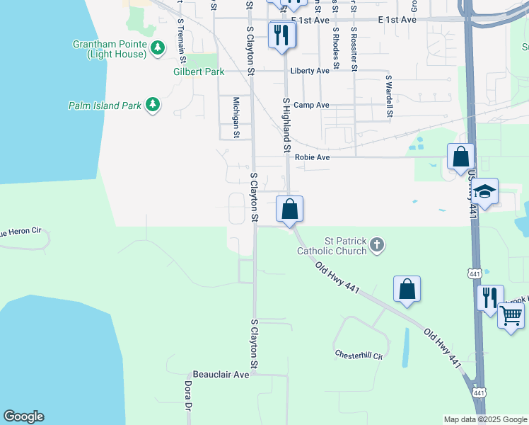 map of restaurants, bars, coffee shops, grocery stores, and more near 1210 South Clayton Street in Mount Dora