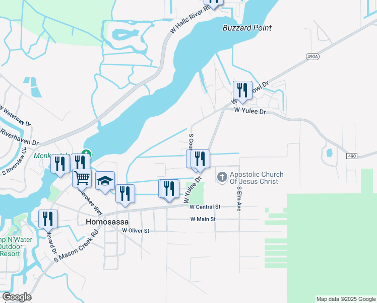 map of restaurants, bars, coffee shops, grocery stores, and more near 10518 Waterside Street in Homosassa