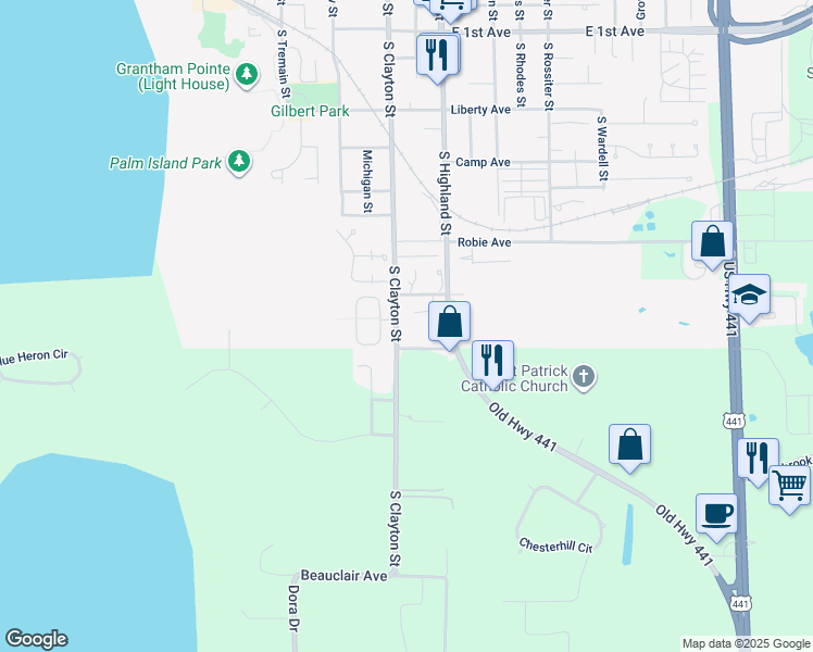 map of restaurants, bars, coffee shops, grocery stores, and more near 1210 South Clayton Street in Mount Dora