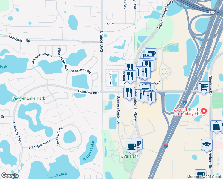 map of restaurants, bars, coffee shops, grocery stores, and more near 665 Hangnest Lane in Lake Mary