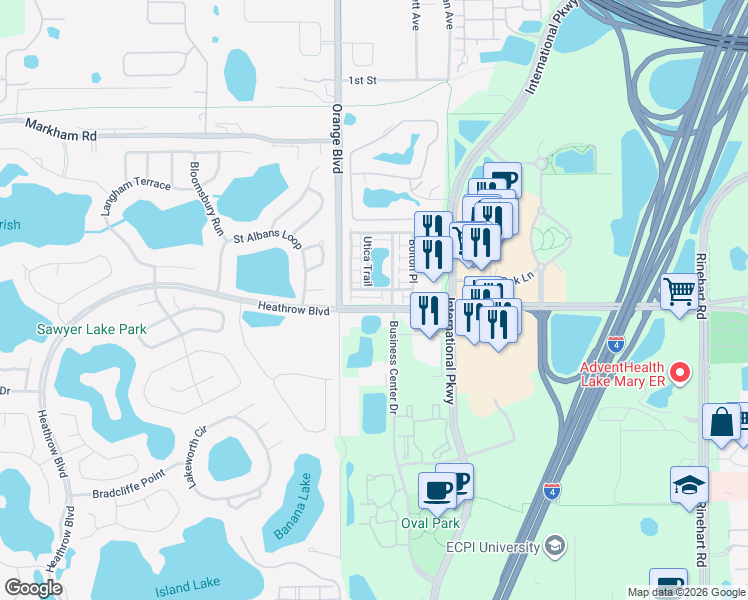 map of restaurants, bars, coffee shops, grocery stores, and more near 657 Hangnest Lane in Lake Mary