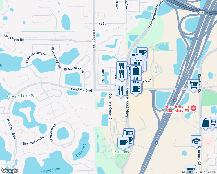 map of restaurants, bars, coffee shops, grocery stores, and more near 665 Hangnest Lane in Lake Mary