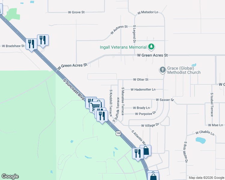 map of restaurants, bars, coffee shops, grocery stores, and more near 5189 South Knobhill Terrace in Homosassa