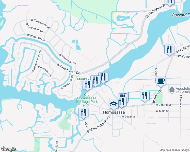 map of restaurants, bars, coffee shops, grocery stores, and more near 5184 South Gray Pelican Way in Homosassa