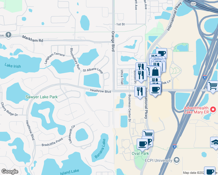 map of restaurants, bars, coffee shops, grocery stores, and more near 1229 Sebastian Cove in Lake Mary