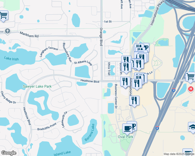map of restaurants, bars, coffee shops, grocery stores, and more near 1229 Sebastian Cove in Lake Mary