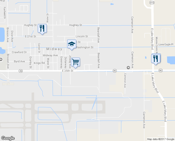 map of restaurants, bars, coffee shops, grocery stores, and more near 3400 Florida 46 in Sanford