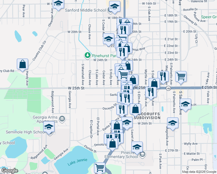 map of restaurants, bars, coffee shops, grocery stores, and more near 645 Grenada Avenue in Sanford