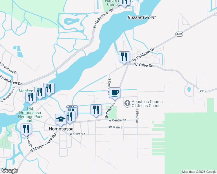 map of restaurants, bars, coffee shops, grocery stores, and more near 10518 Waterside Street in Homosassa
