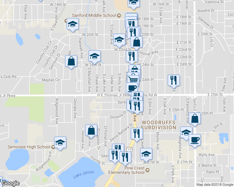map of restaurants, bars, coffee shops, grocery stores, and more near 816 West 25th Street in Sanford