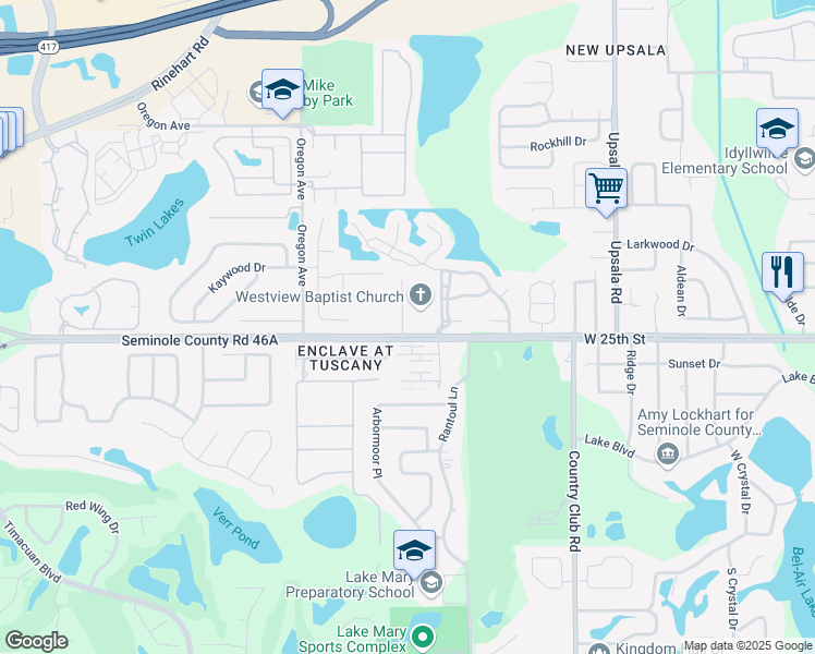 map of restaurants, bars, coffee shops, grocery stores, and more near 101 Lindsey Way in Sanford