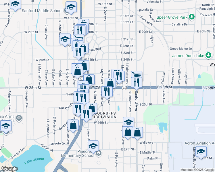 map of restaurants, bars, coffee shops, grocery stores, and more near 2446 South Oak Avenue in Sanford