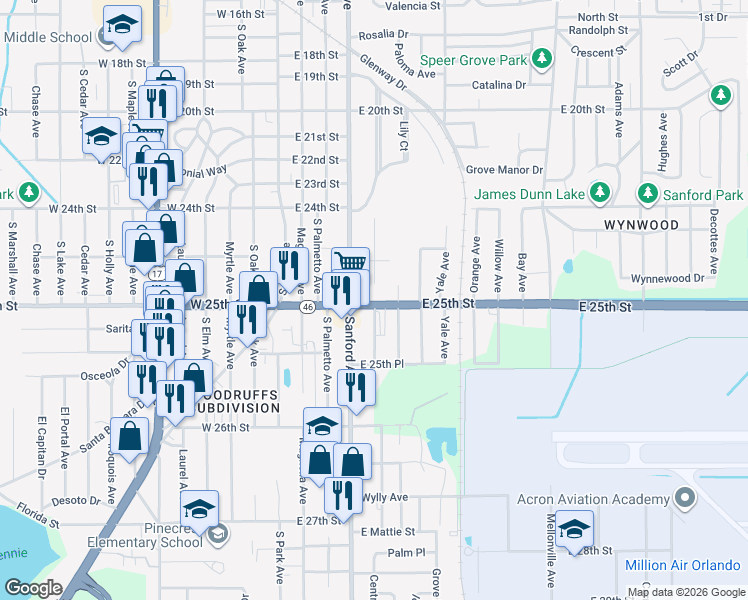 map of restaurants, bars, coffee shops, grocery stores, and more near 500 Florida 46 in Sanford