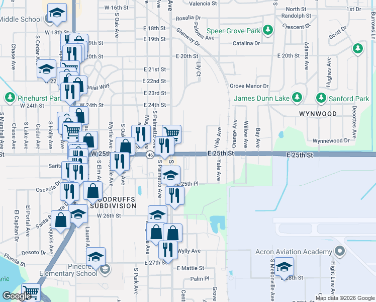 map of restaurants, bars, coffee shops, grocery stores, and more near 500 Florida 46 in Sanford
