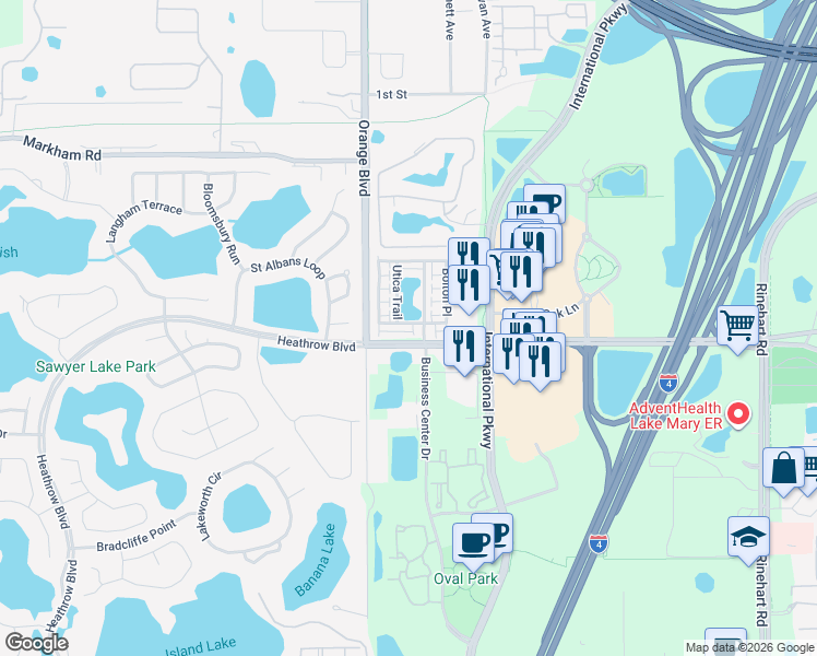 map of restaurants, bars, coffee shops, grocery stores, and more near 665 Hangnest Lane in Lake Mary