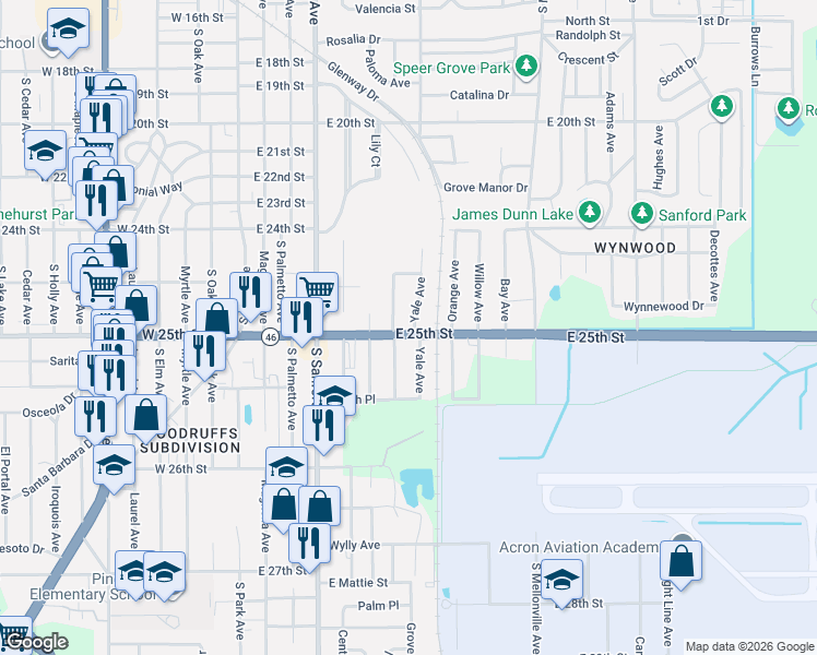 map of restaurants, bars, coffee shops, grocery stores, and more near 707 East 25th Street in Sanford