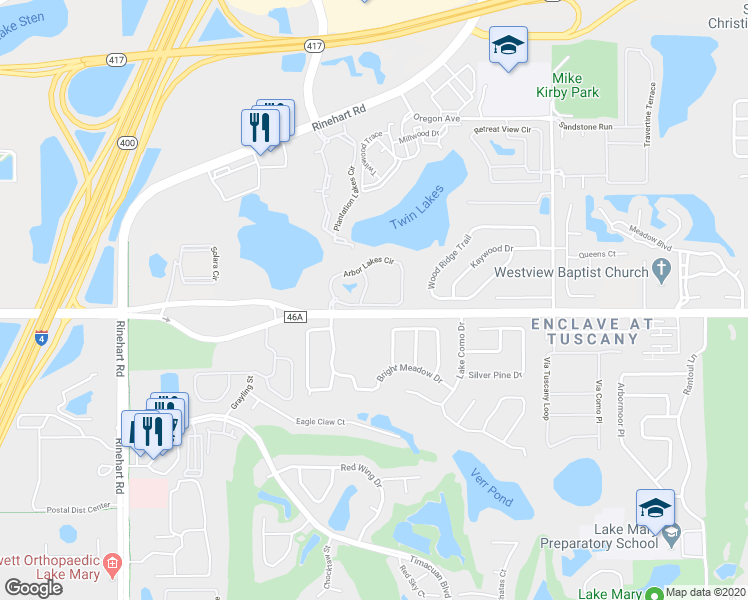 map of restaurants, bars, coffee shops, grocery stores, and more near 2222 Arbor Lakes Circle in Sanford