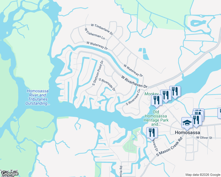 map of restaurants, bars, coffee shops, grocery stores, and more near 5176 South Riverside Drive in Homosassa