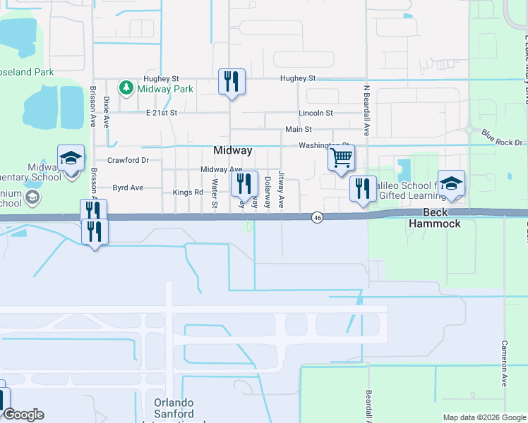 map of restaurants, bars, coffee shops, grocery stores, and more near 3365 Florida 46 in Sanford