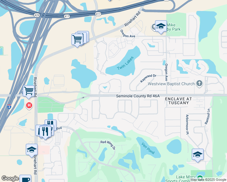 map of restaurants, bars, coffee shops, grocery stores, and more near 2126 Arbor Lakes Circle in Sanford
