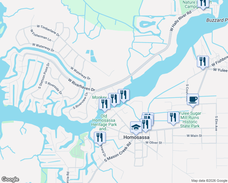 map of restaurants, bars, coffee shops, grocery stores, and more near 5164 South Swiftwater Way in Homosassa
