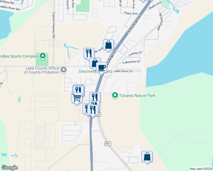 map of restaurants, bars, coffee shops, grocery stores, and more near 12627 Milwaukee Avenue in Tavares