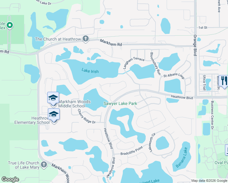 map of restaurants, bars, coffee shops, grocery stores, and more near 1733 Kersley Circle in Heathrow