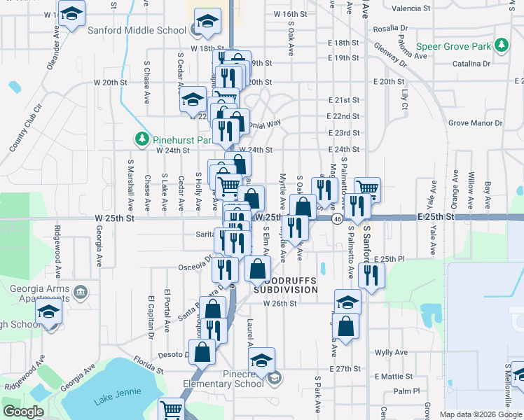map of restaurants, bars, coffee shops, grocery stores, and more near 2440 South Elm Avenue in Sanford
