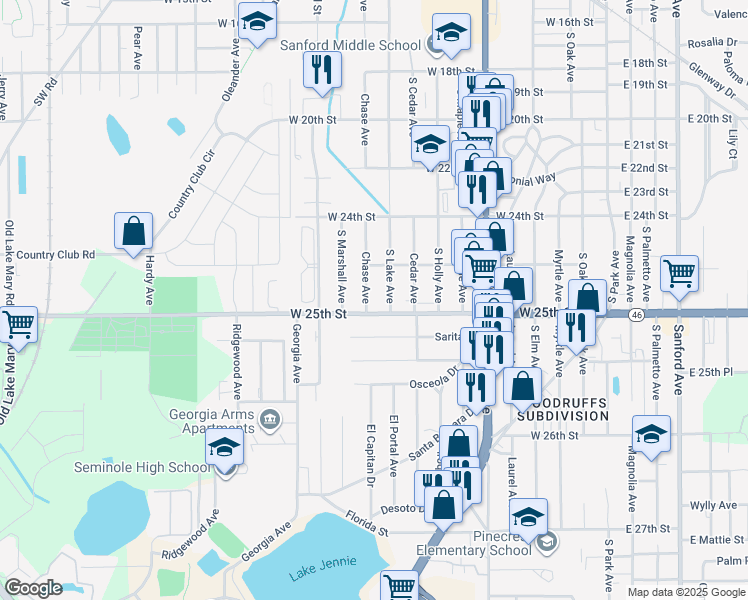 map of restaurants, bars, coffee shops, grocery stores, and more near 1017 West 25th Street in Sanford