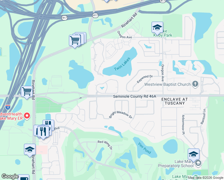 map of restaurants, bars, coffee shops, grocery stores, and more near 441 Country Wood Circle in Lake Mary