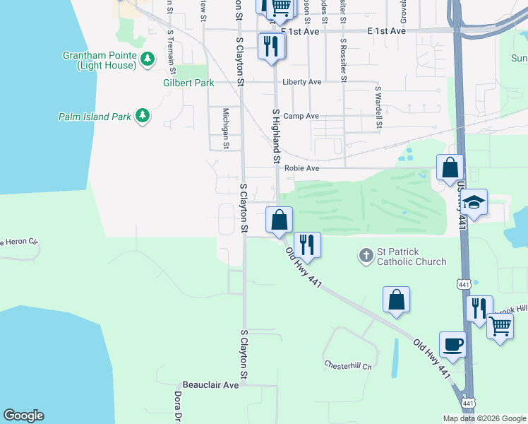 map of restaurants, bars, coffee shops, grocery stores, and more near 1210 South Clayton Street in Mount Dora