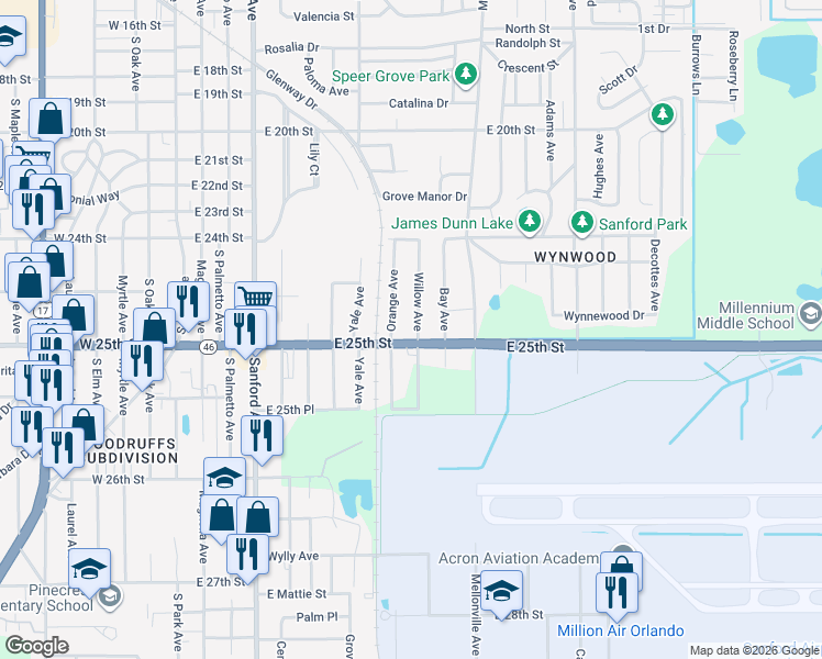map of restaurants, bars, coffee shops, grocery stores, and more near 1001 East 25th Street in Sanford