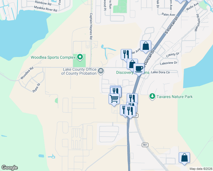 map of restaurants, bars, coffee shops, grocery stores, and more near 30118 Tavares Ridge Boulevard in Tavares