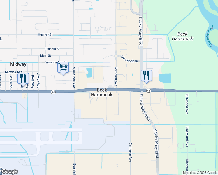 map of restaurants, bars, coffee shops, grocery stores, and more near 3900 Florida 46 in Sanford