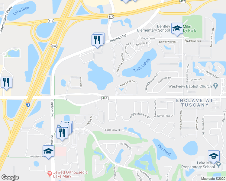 map of restaurants, bars, coffee shops, grocery stores, and more near 412 Arbor Lakes Circle in Sanford