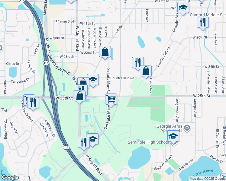 map of restaurants, bars, coffee shops, grocery stores, and more near 2499 Old Lake Mary Road in Sanford