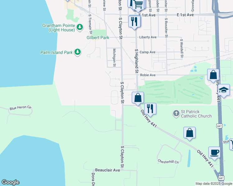 map of restaurants, bars, coffee shops, grocery stores, and more near 606 Chautauqua Drive in Mount Dora