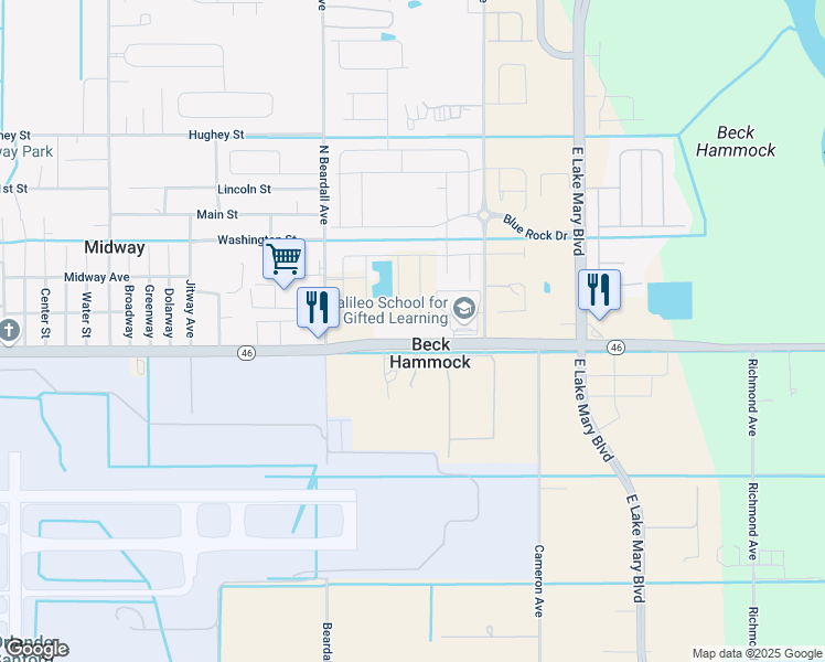 map of restaurants, bars, coffee shops, grocery stores, and more near 3850 Florida 46 in Sanford