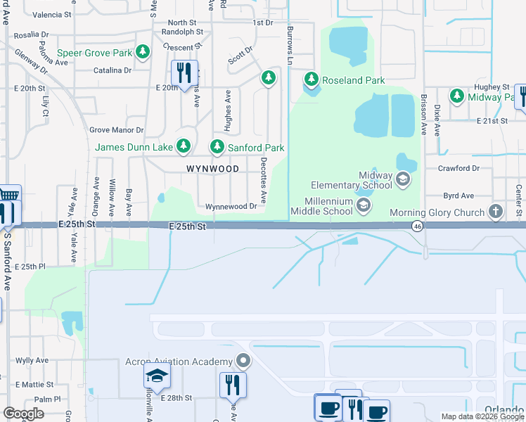 map of restaurants, bars, coffee shops, grocery stores, and more near 2416 Decottes Avenue in Sanford