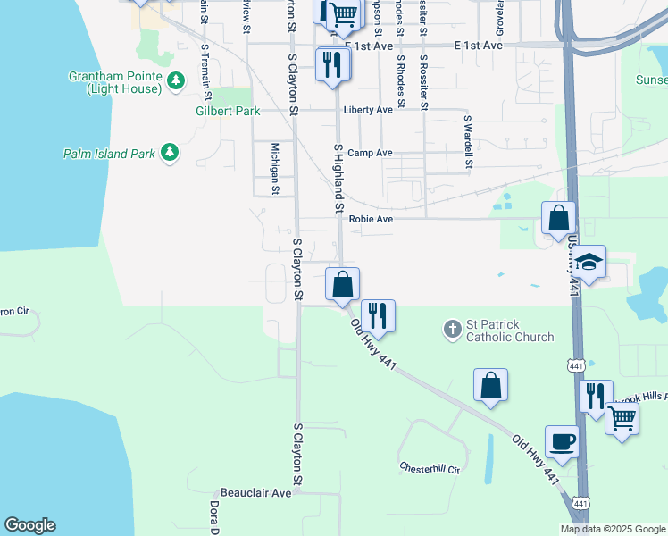 map of restaurants, bars, coffee shops, grocery stores, and more near 1102 Golf Club Court in Mount Dora