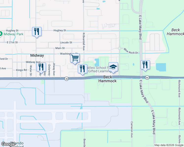 map of restaurants, bars, coffee shops, grocery stores, and more near 3750 Rosewater Place in Sanford