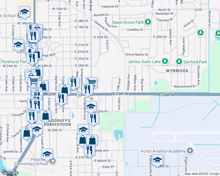 map of restaurants, bars, coffee shops, grocery stores, and more near 2432 Princeton Avenue in Sanford