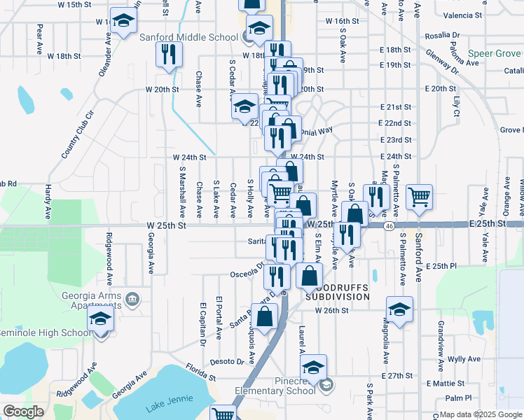 map of restaurants, bars, coffee shops, grocery stores, and more near 2428 South Maple Avenue in Sanford