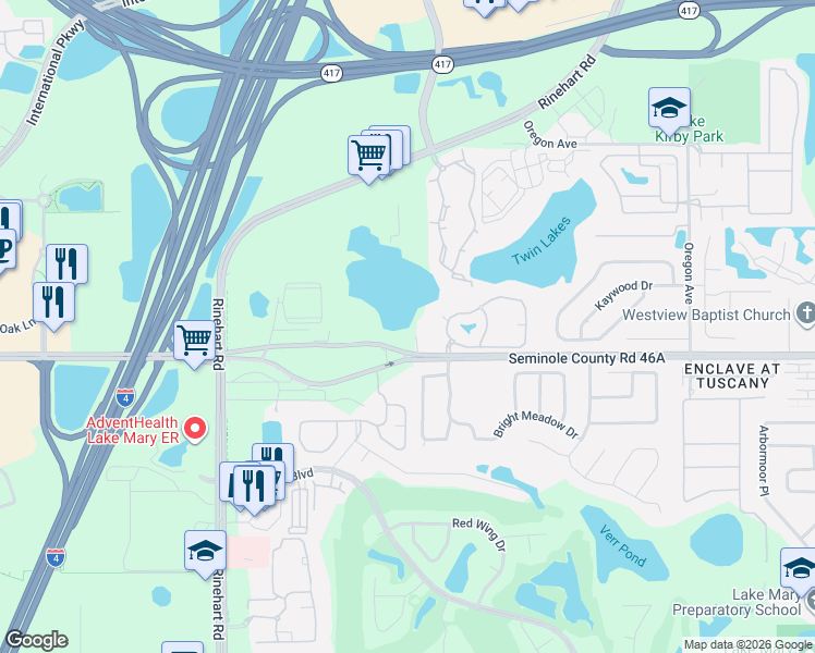 map of restaurants, bars, coffee shops, grocery stores, and more near 4950 County Road 46A in Sanford