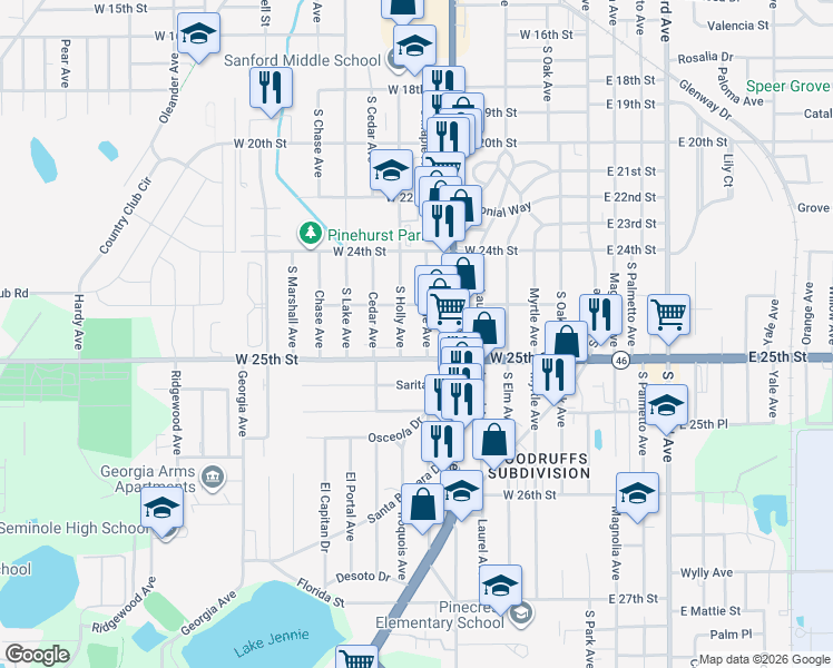 map of restaurants, bars, coffee shops, grocery stores, and more near 2436 South Maple Avenue in Sanford