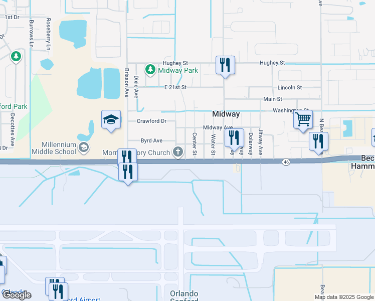 map of restaurants, bars, coffee shops, grocery stores, and more near 2391 Church Street in Sanford