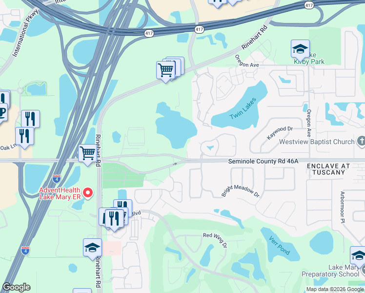 map of restaurants, bars, coffee shops, grocery stores, and more near 4950 County Road 46A in Sanford