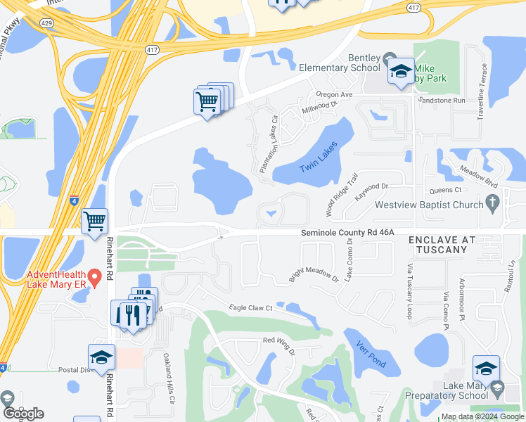 map of restaurants, bars, coffee shops, grocery stores, and more near 521 Arbor Lakes Circle in Sanford
