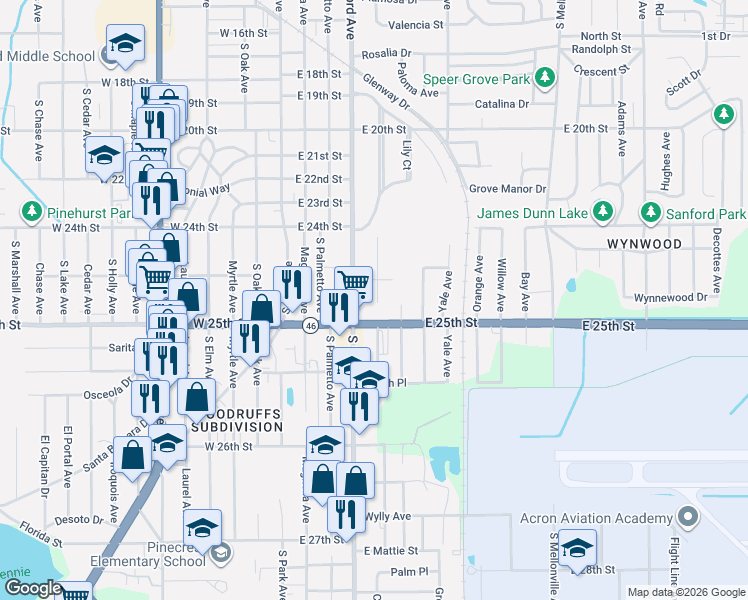 map of restaurants, bars, coffee shops, grocery stores, and more near 2442 Grandview Avenue in Sanford